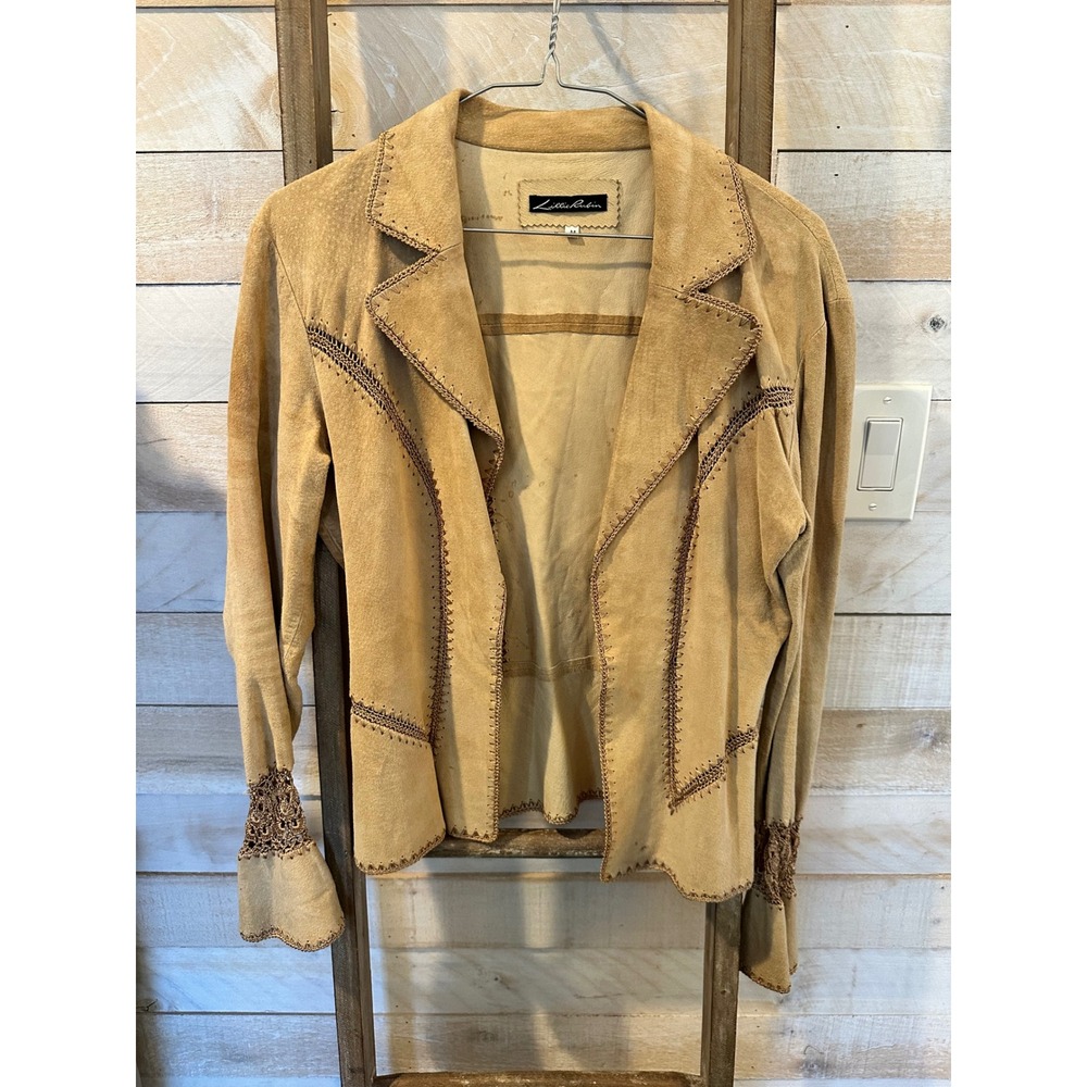 Lillie Rubin Vintage Suede Leather Jacket Tan Whipstitch Crochet Lace Western M